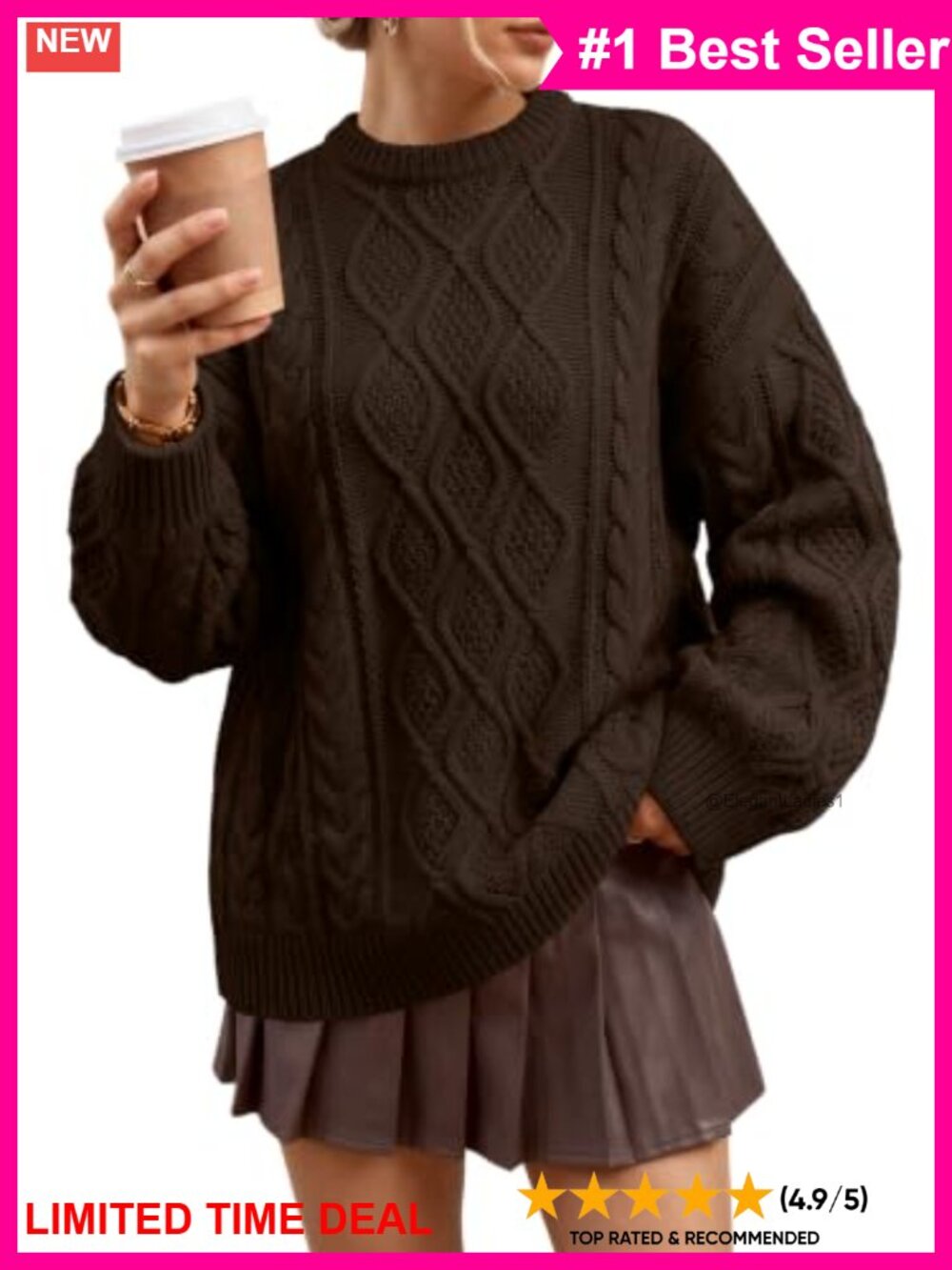 Oversized Cable Knit Sweater Cotton Blend Crew Neck Pullover